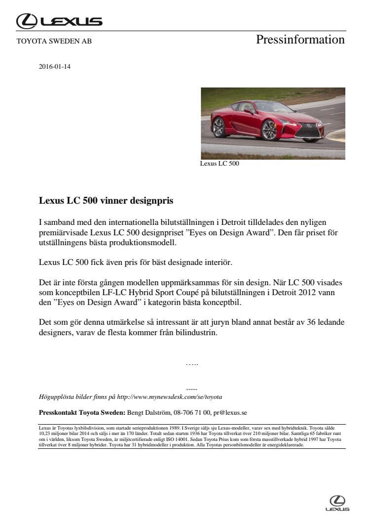 Lexus LC 500 vinner designpris 
