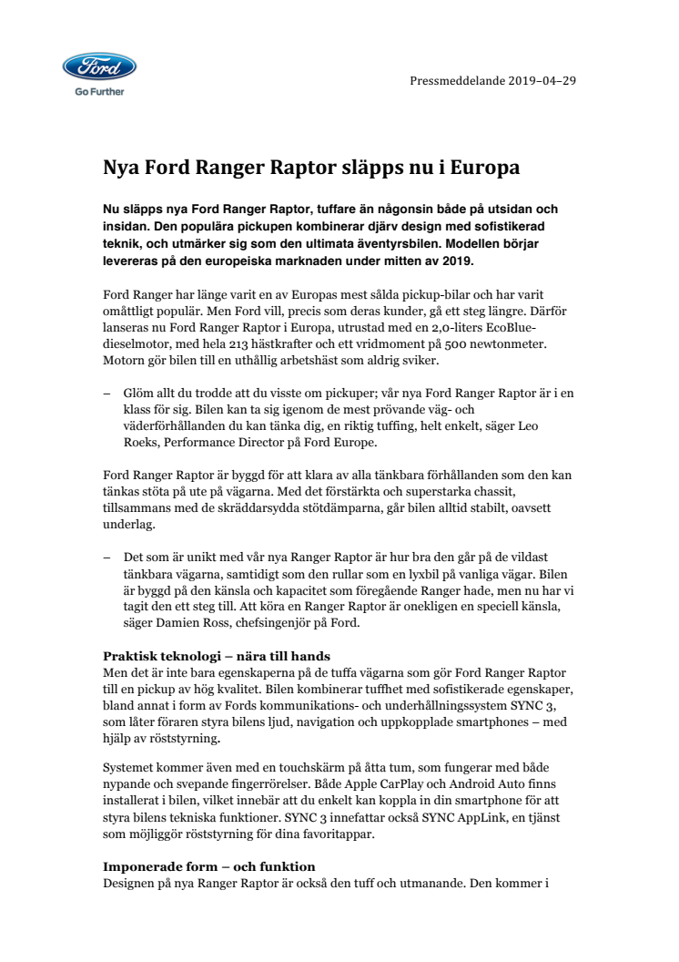 Nya Ford Ranger Raptor släpps nu i Europa