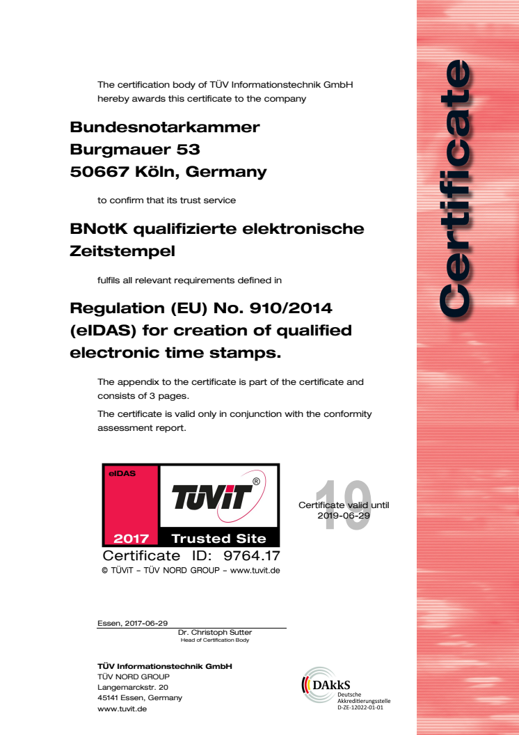 TÜV-IT Zertifikat Zeitstempel eIDAS BNotK