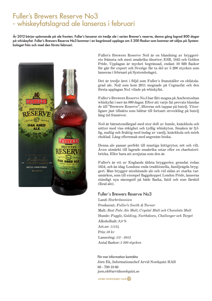 Fuller’s Brewers Reserve No3 - whiskeyfatslagrad ale lanseras i februari