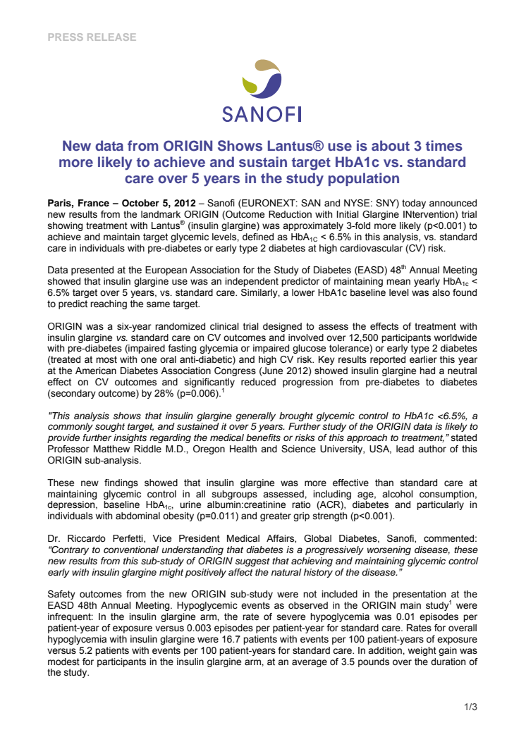 New data from ORIGIN Shows Lantus® use is about 3 times more likely to achieve and sustain target HbA1c vs. standard care over 5 years in the study population