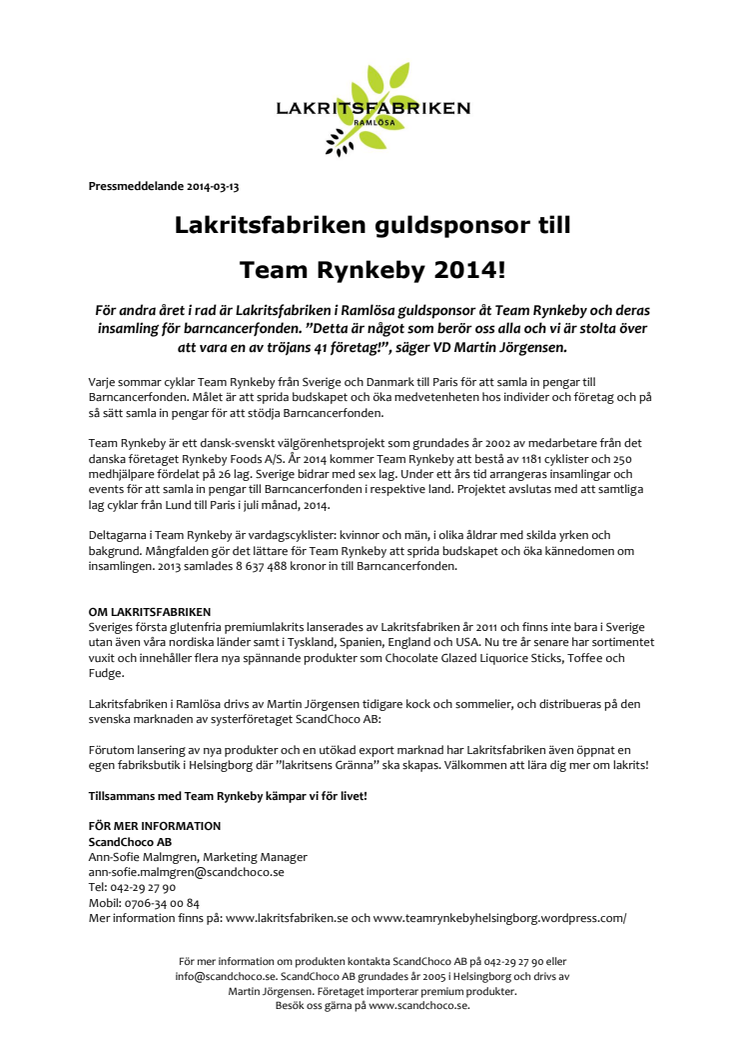 Lakritsfabriken guldsponsor till Team Rynkeby 2014!