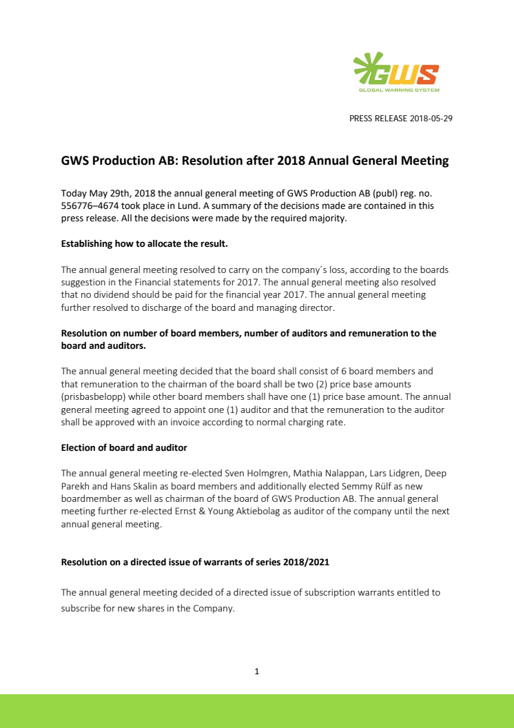 GWS Production AB: Resolution after 2018 Annual General Meeting