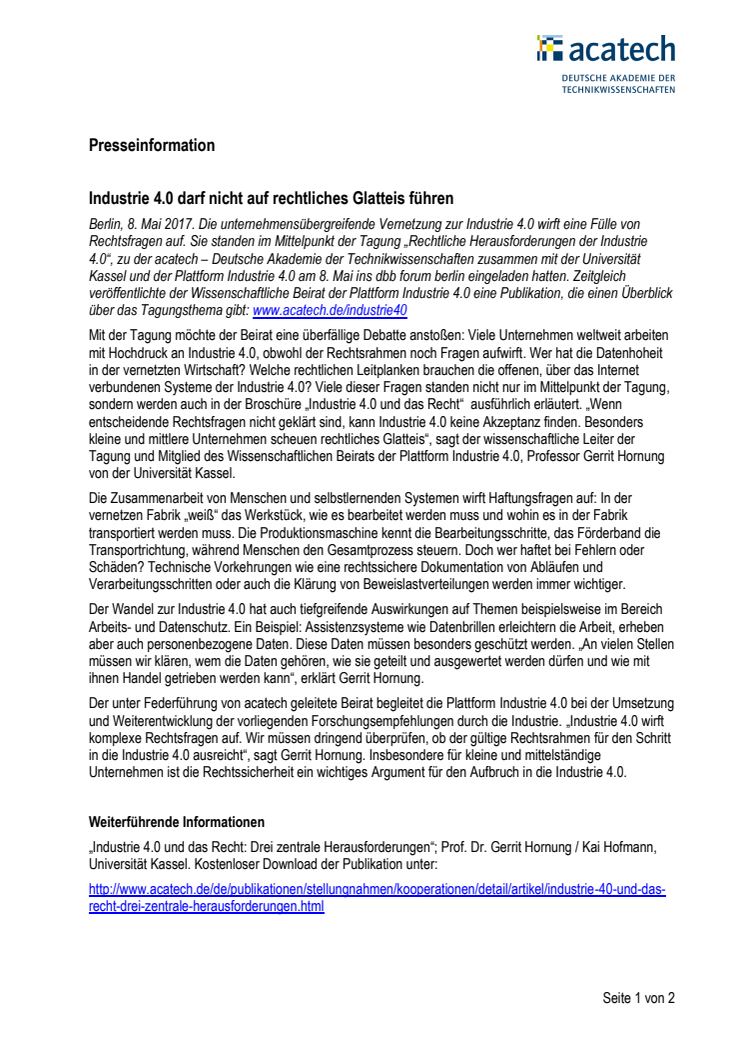 Presseinformation "Industrie 4.0 und Recht"
