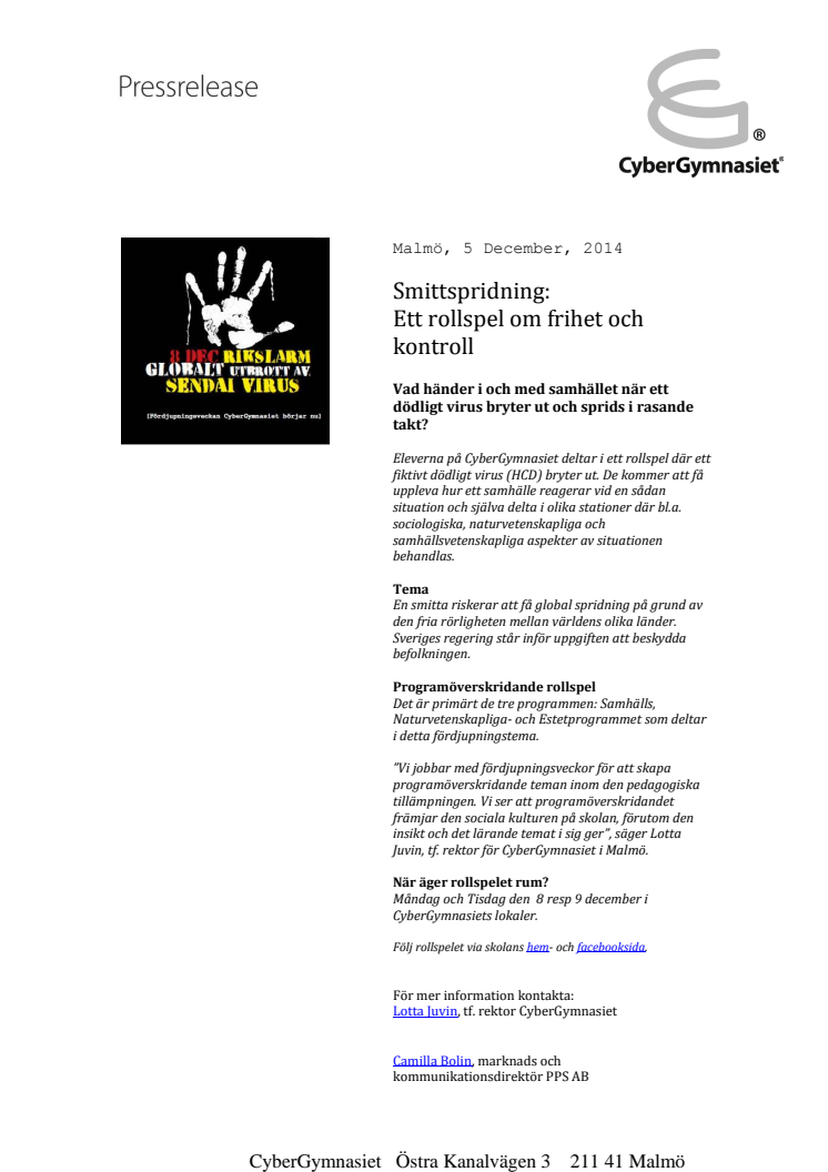 Smittspridning:  Ett rollspel om frihet och kontroll