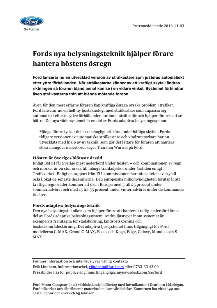 Fords nya belysningsteknik hjälper förare hantera höstens ösregn