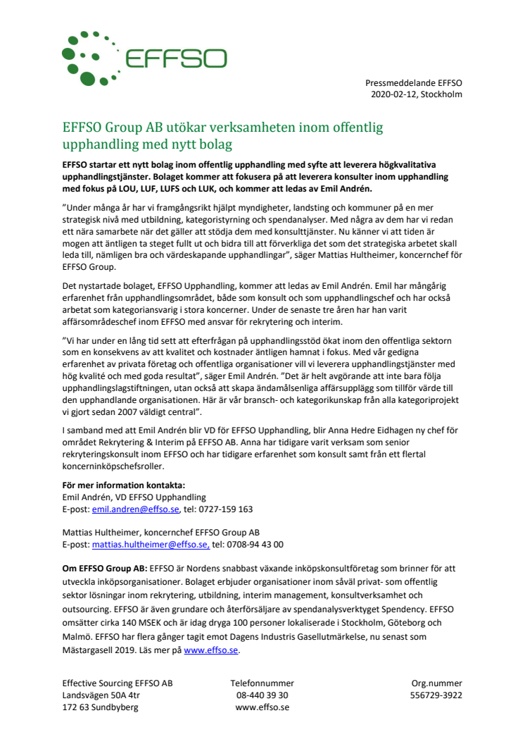 EFFSO Group AB utökar verksamheten inom offentlig upphandling med nytt bolag