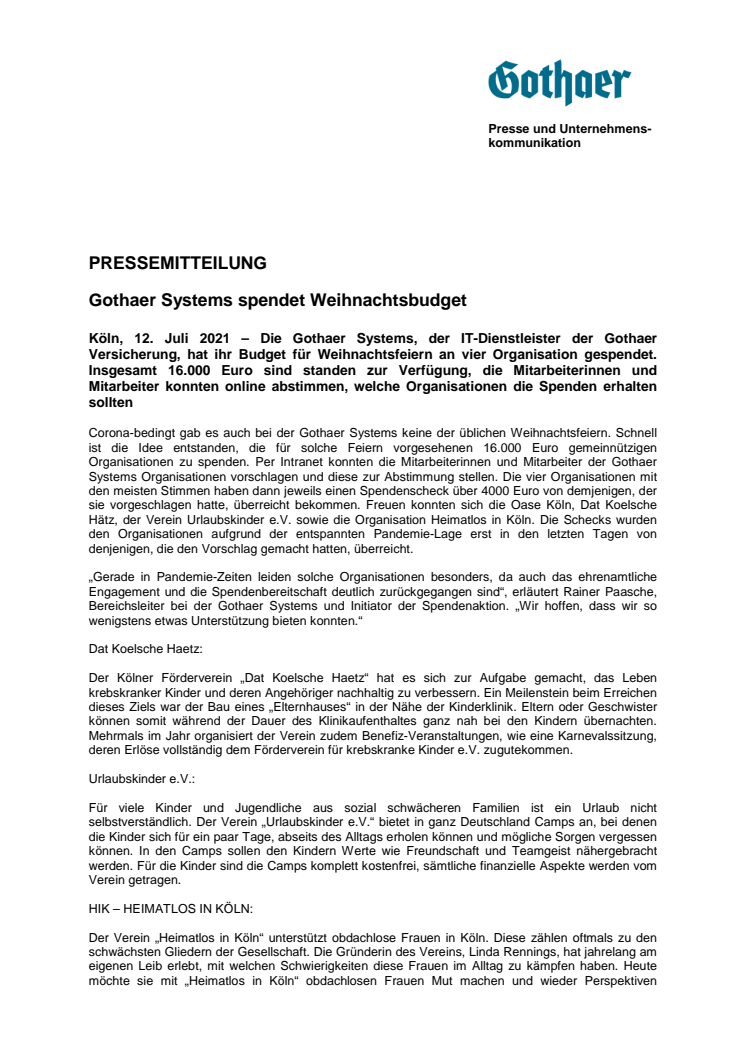 Gothaer Systems spendet Weihnachtsbudget 