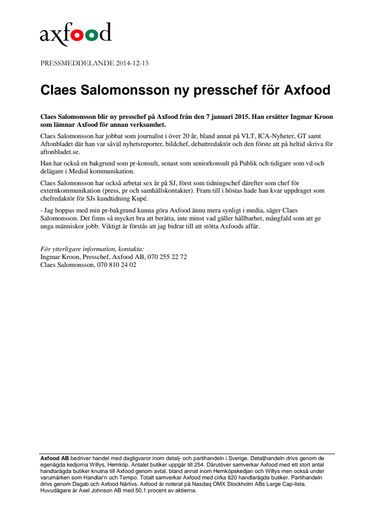 Claes Salomonsson ny presschef för Axfood