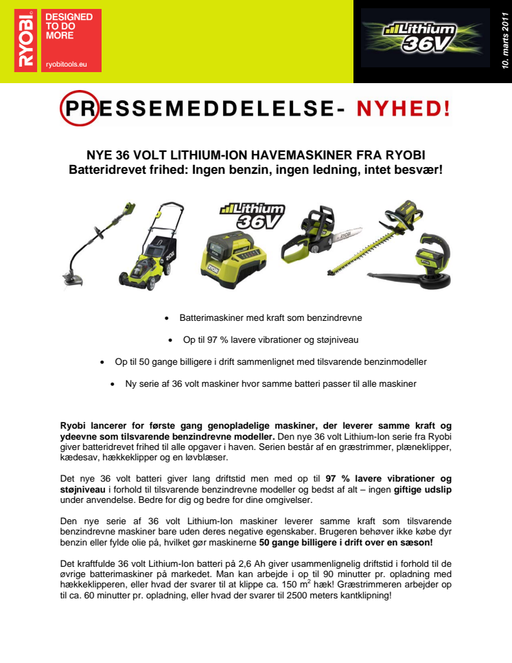 Nye 36 volt Lithium-Ion havemaskiner fra Ryobi - Ingen benzin, ingen ledning, intet besvær!