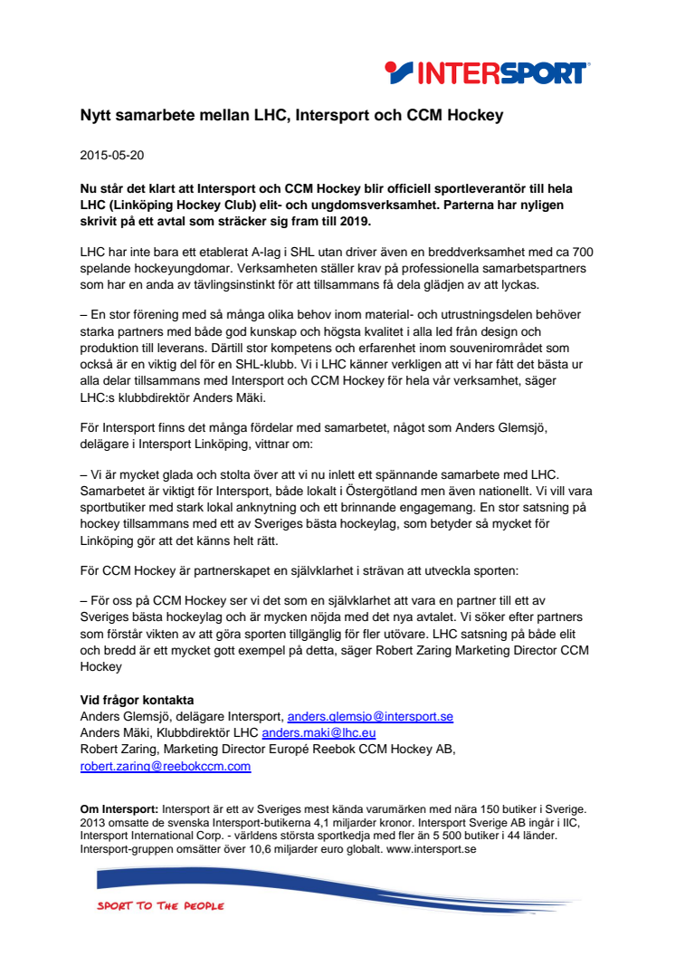 Nytt samarbete mellan LHC, Intersport och CCM Hockey