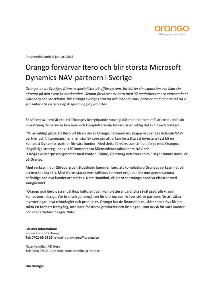 Orango förvärvar Itero och blir största Microsoft Dynamics NAV-partnern i Sverige