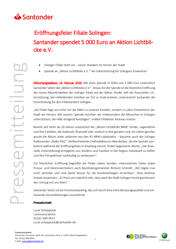 Eröffnungsfeier Filiale Solingen:  Santander spendet 5000 Euro an Aktion Lichtblicke e.V. 