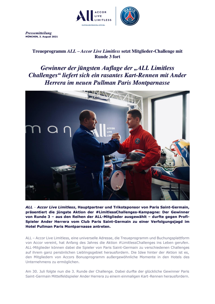 Gewinner der jüngsten Auflage der „ALL Limitless Challenges“ liefert sich ein rasantes Kart-Rennen mit Ander Herrera im neuen Pullman Paris Montparnasse