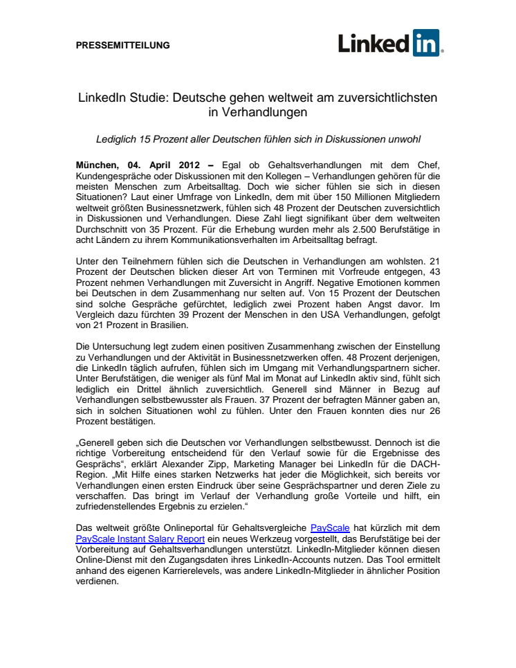 LinkedIn Studie: Deutsche gehen weltweit am zuversichtlichsten in Verhandlungen