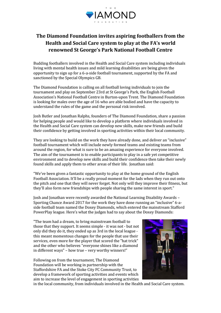 The Diamond Foundation invites aspiring footballers from the Health and Social Care system to play at the FA’s world renowned St George’s Park National Football Centre 
