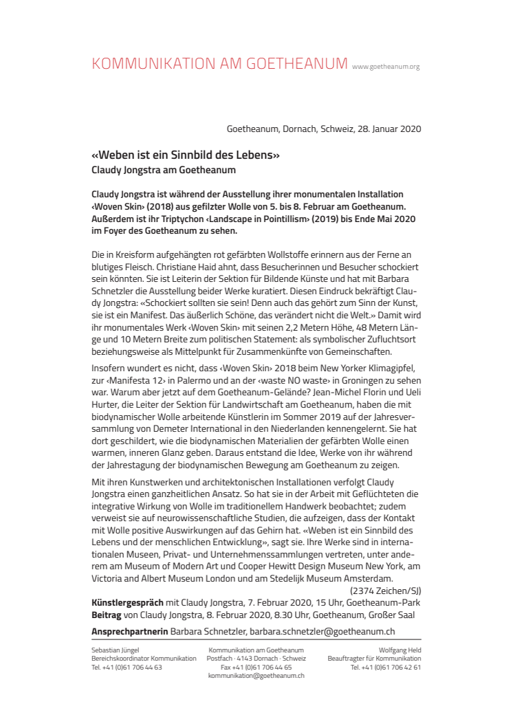 «Weben ist ein Sinnbild des Lebens». ​Claudy Jongstra am Goetheanum