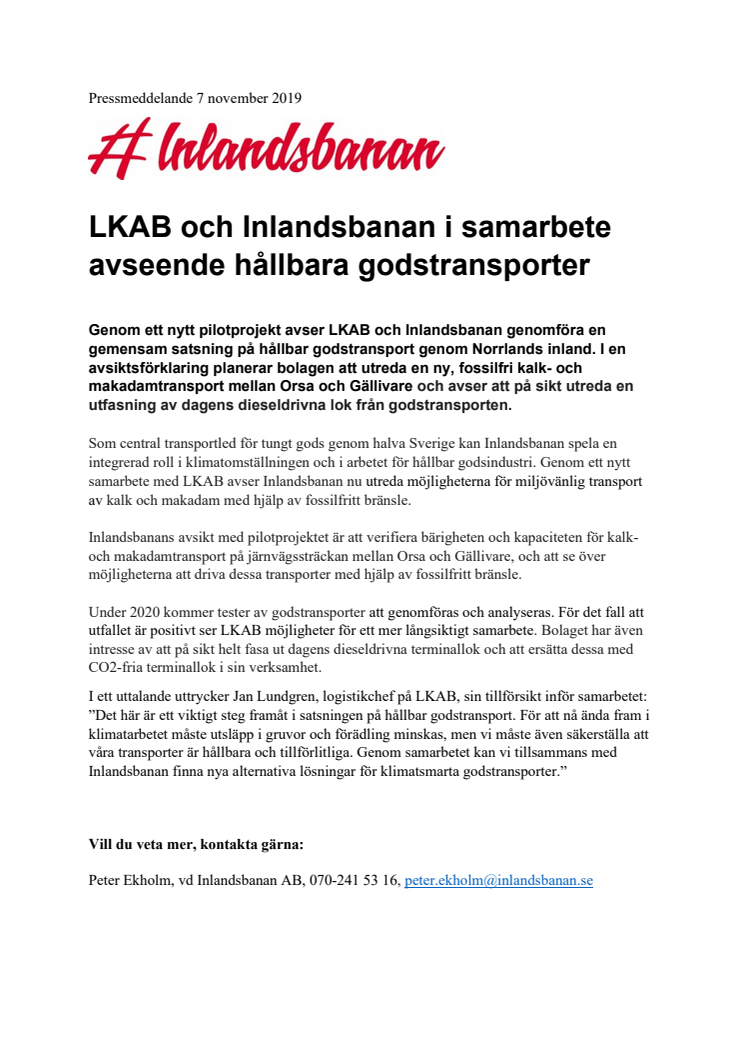 LKAB och Inlandsbanan i samarbete avseende hållbara godstransporter