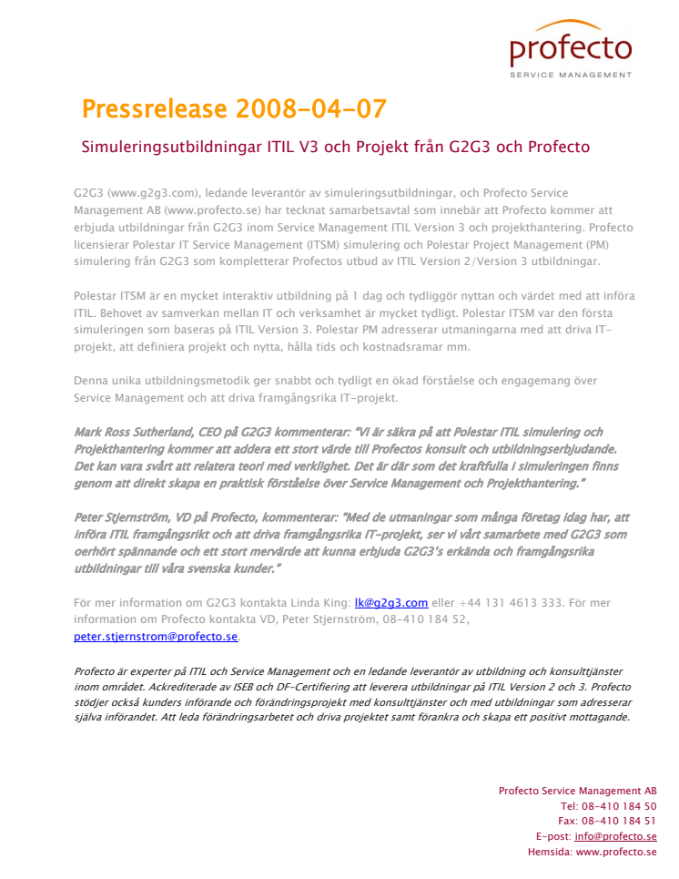 Simuleringsutbildningar ITIL V3 och Projekt från G2G3 och Profecto
