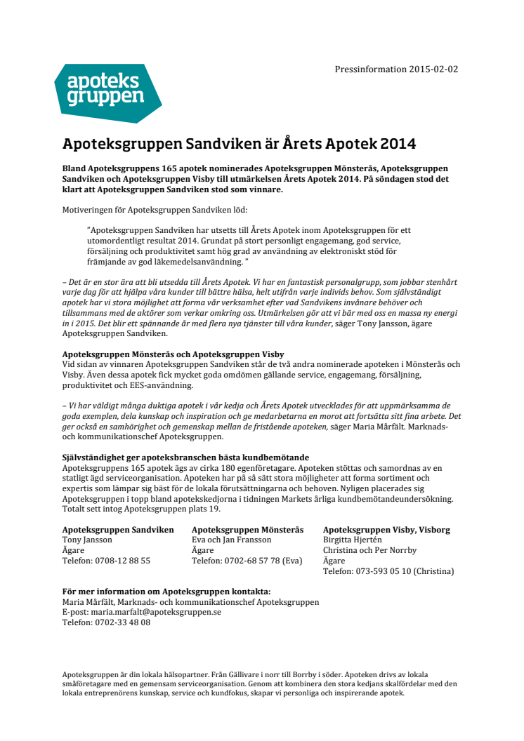 Apoteksgruppen Sandviken är Årets Apotek 2014