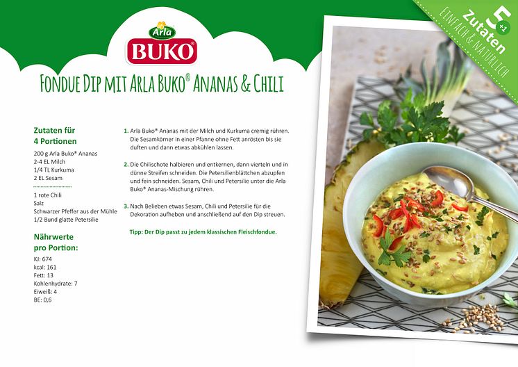 Rezeptkarte Fondue Dip mit Arla Buko® Ananas & Chili