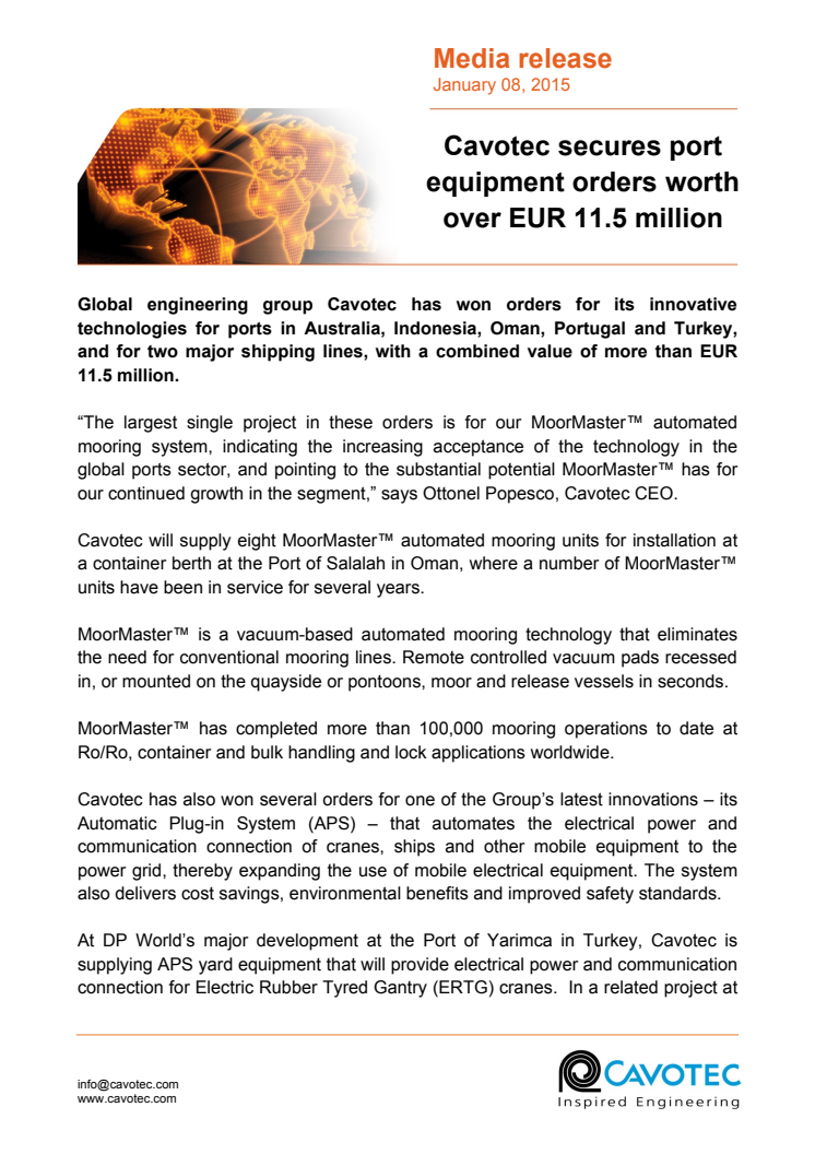 Cavotec secures port equipment orders worth over EUR 11.5 million