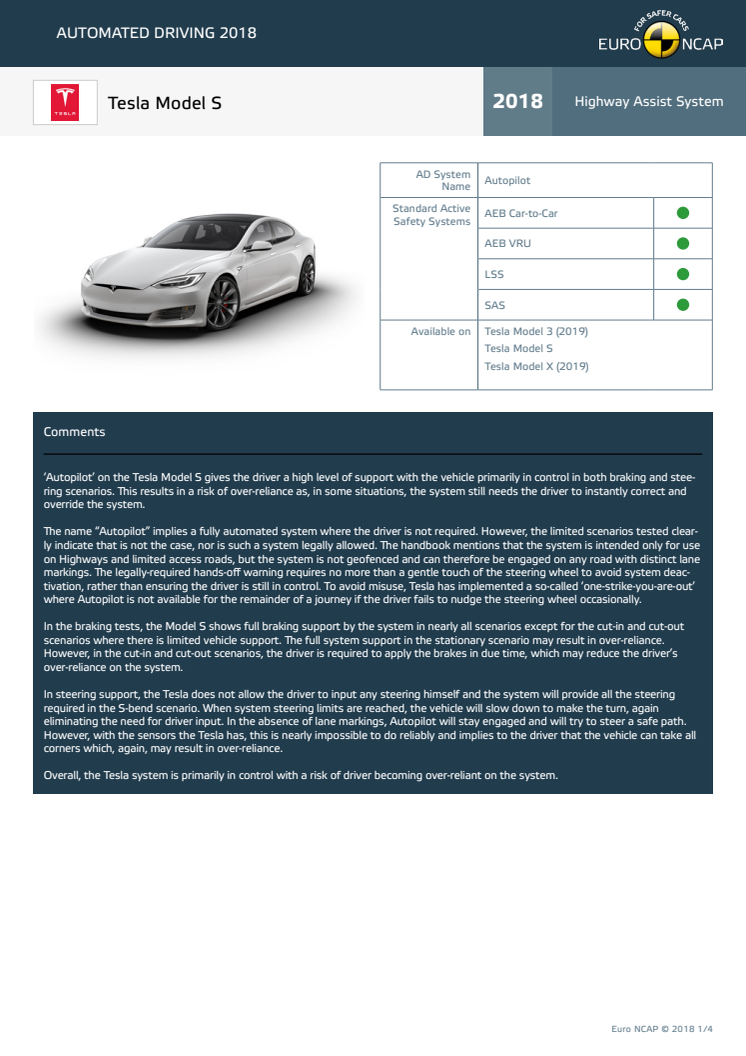 Automated Driving 2018 - Tesla Model S datasheet - October 2018