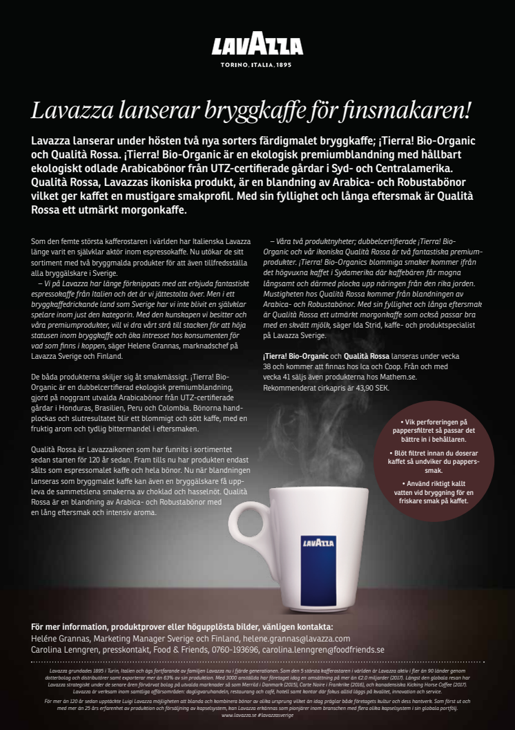 Lavazza lanserar bryggkaffe för  finsmakaren!