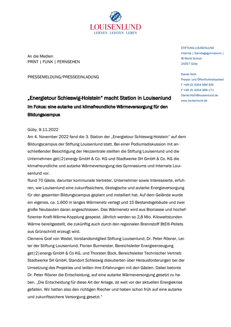 Pressemitteilung: Klimafreundliche und autarke Wärmeversorgung für den Bildungscampus der Stiftung Louisenlund