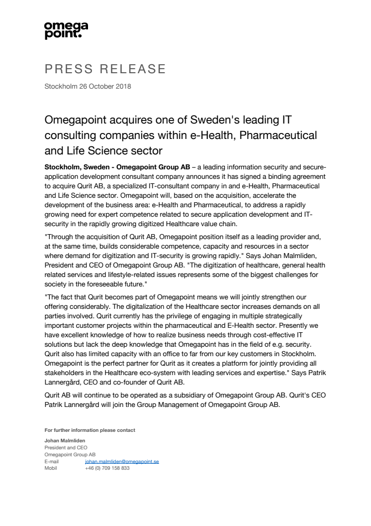 Omegapoint acquires one of Sweden's leading IT consulting companies within e-Health, Pharmaceutical and Life Science sector