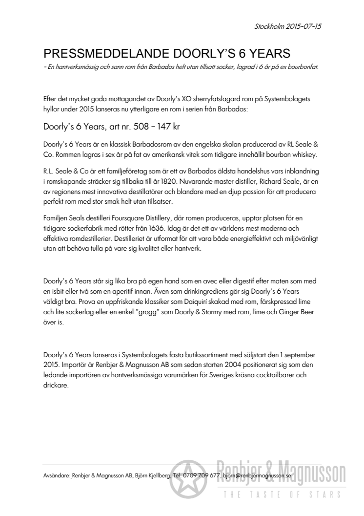 Doorly's 6 Year Rom i fast sortiment på Systembolaget!