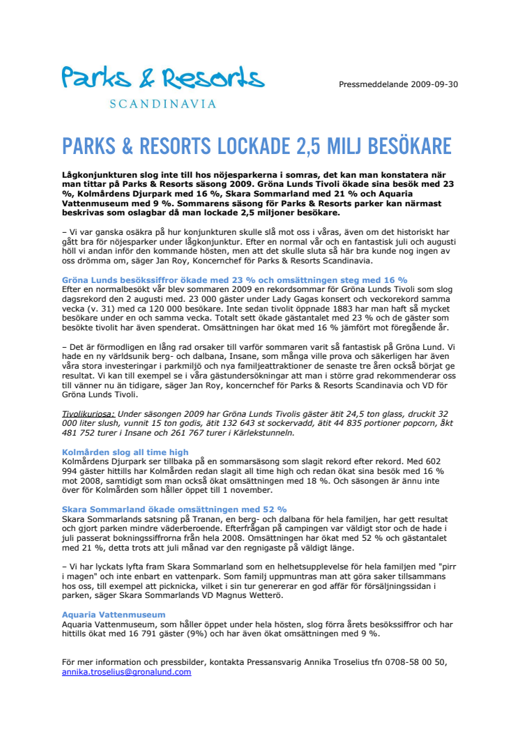 Parks & Resorts lockade 2,5 miljoner besökare
