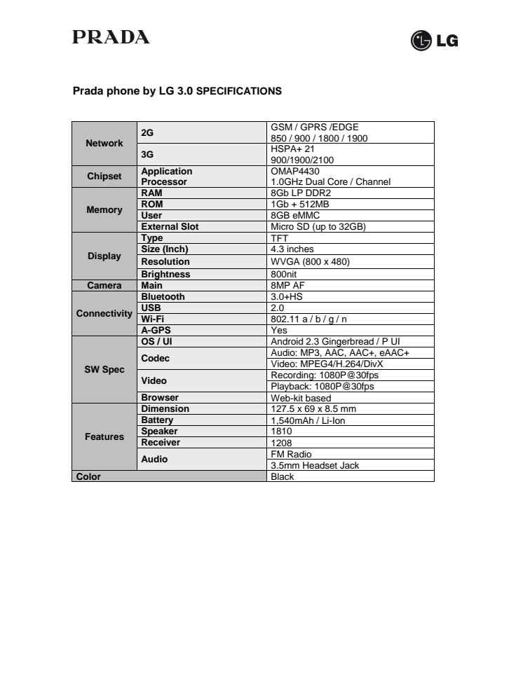 Specifikationer PRADA Phone by LG 3.0