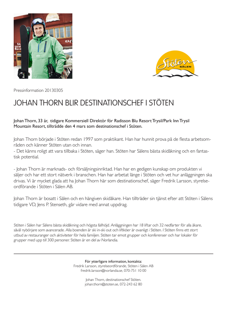 Johan Thorn blir destinationschef i Stöten