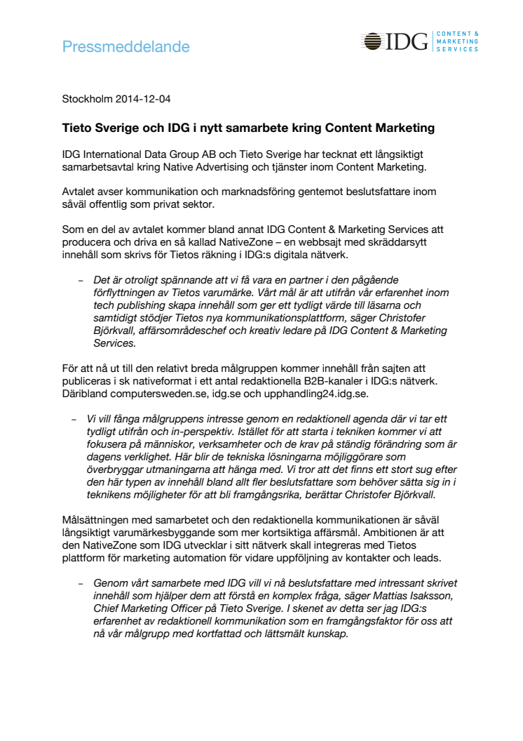 Tieto Sverige och IDG i nytt samarbete kring Content Marketing 