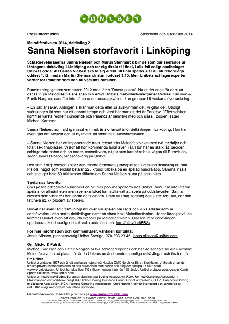 Melodifestivalen 2014, deltävling 2: Sanna Nielsen storfavorit i Linköping