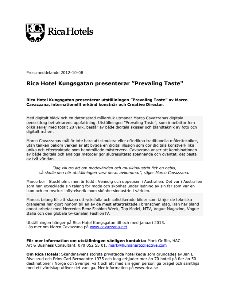 Rica Hotel Kungsgatan presenterar ”Prevaling Taste"