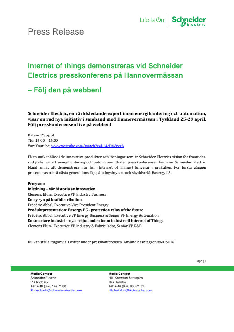 Internet of things demonstreras vid Schneider Electrics presskonferens på Hannovermässan