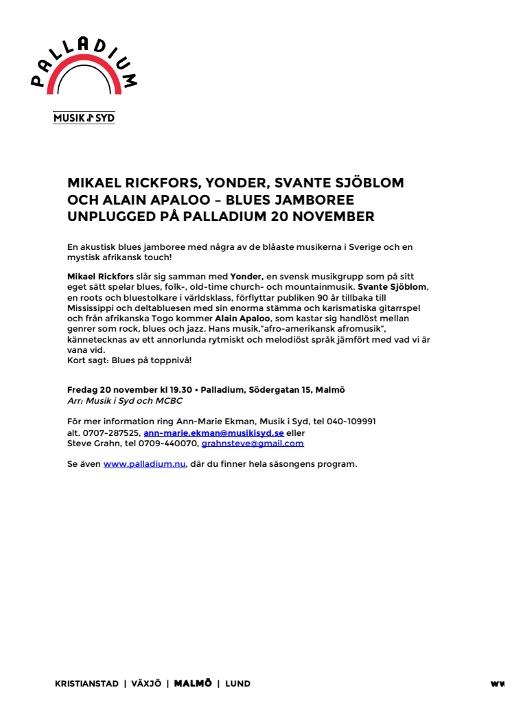 Mikael Rickfors, Yonder, Svante Sjöblom & Alain Apaloo – Blues Jamboree Unplugged på Palladium 20 november