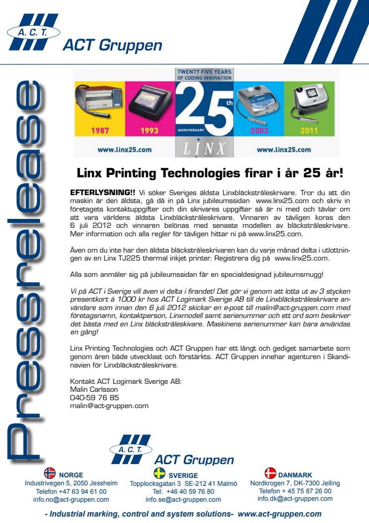 Linx Printing Technologies firar i år 25 år och gör en EFTERLYSNING!