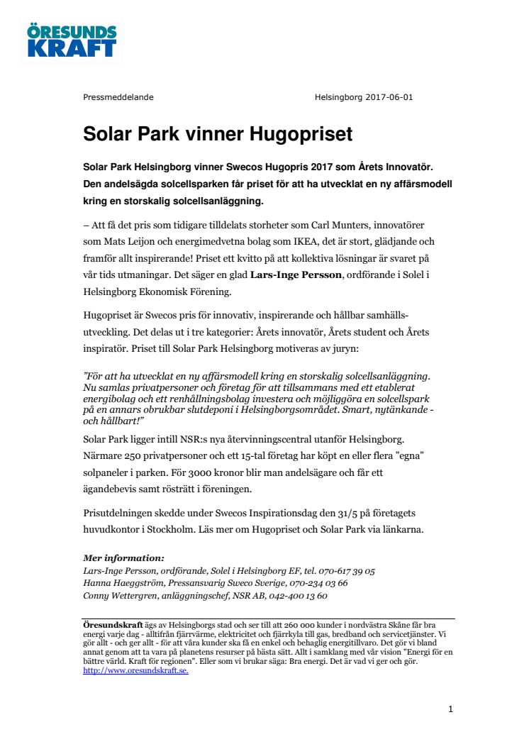 Solar Park vinner Hugopriset 2017