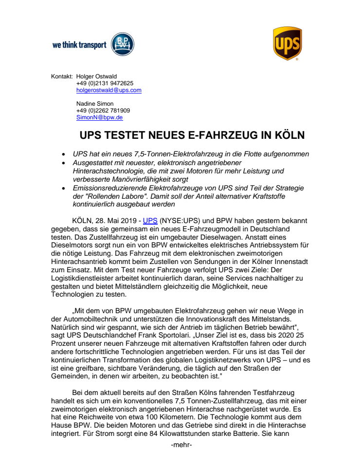 UPS testet neues E-Fahrzeug in Köln