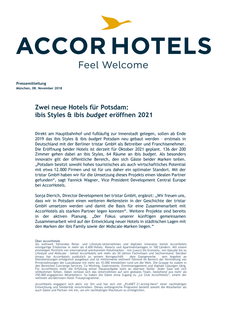 Zwei neue Hotels für Potsdam: ibis Styles & ibis budget eröffnen 2021