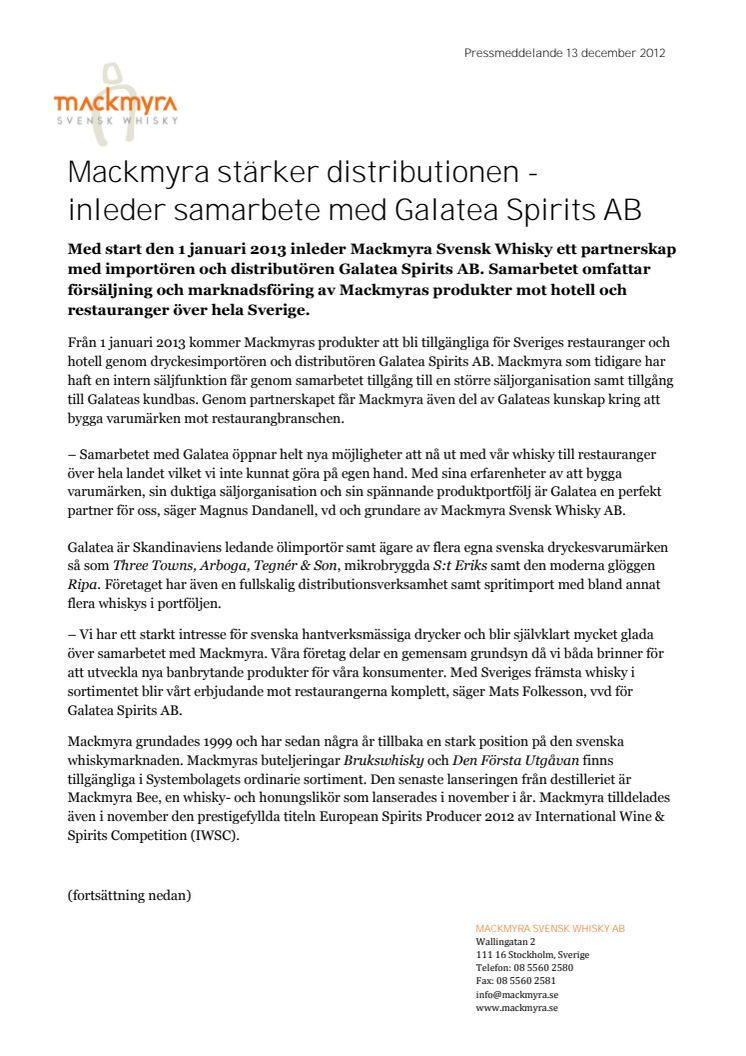 Mackmyra stärker distributionen - inleder samarbete med Galatea Spirits AB 