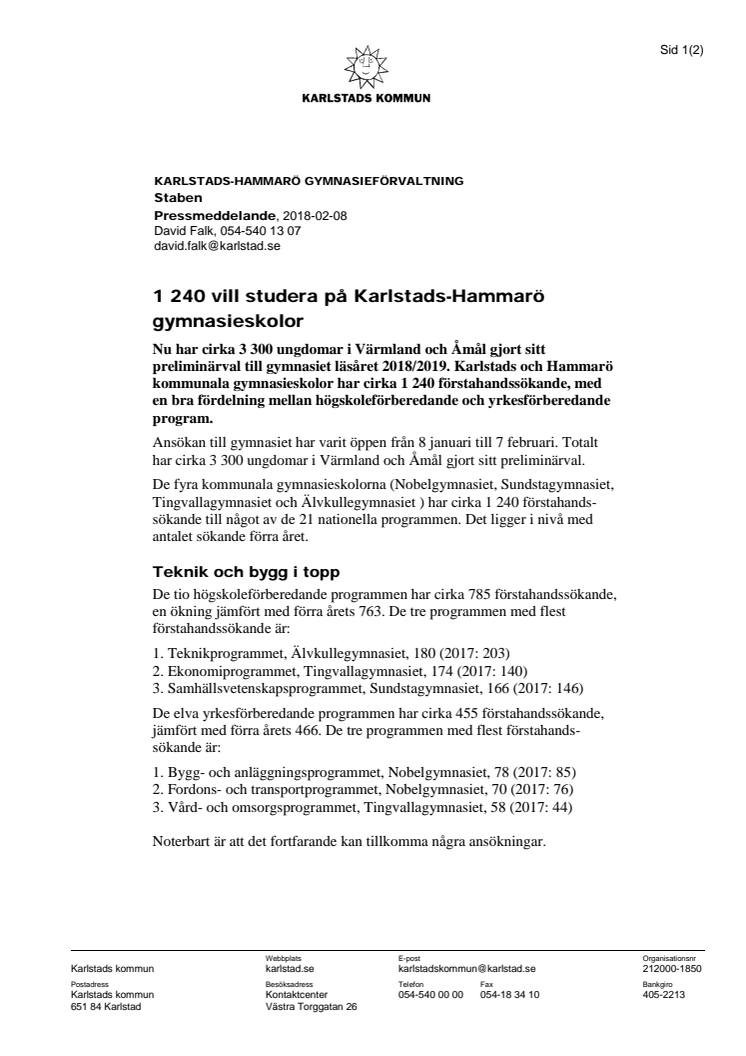 1 240 ungdomar vill studera på Karlstads-Hammarö gymnasieskolor