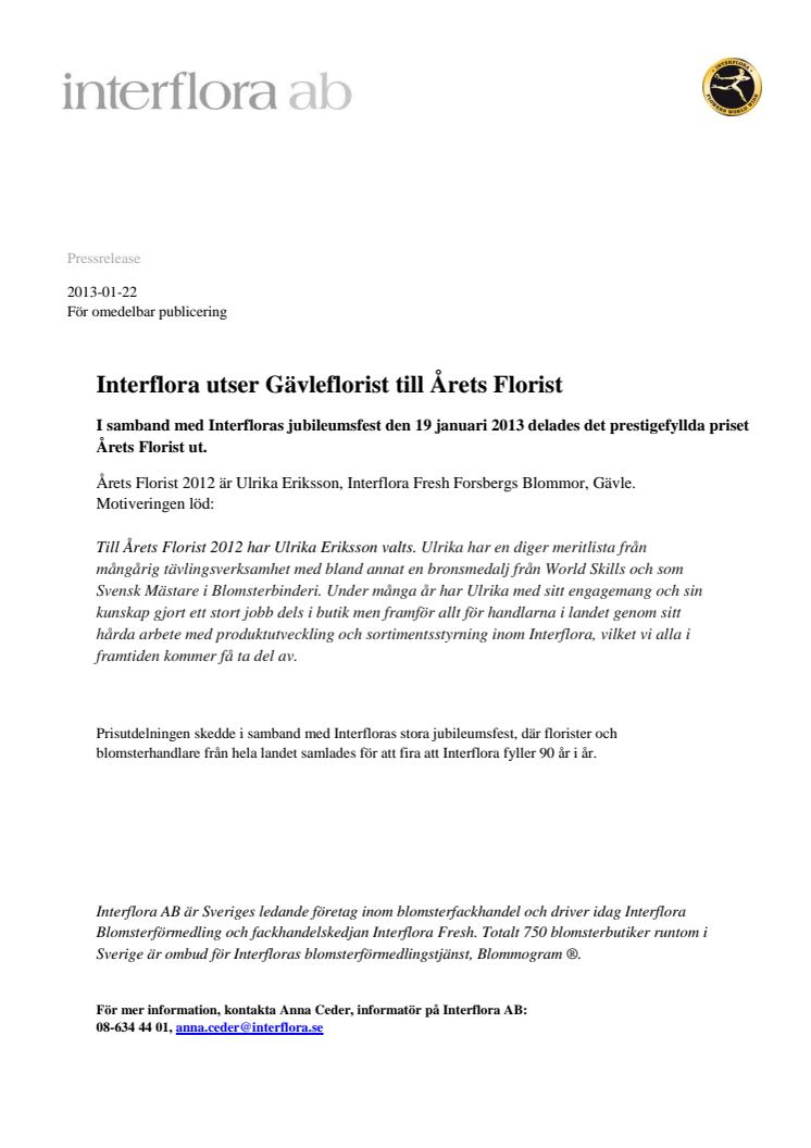 Interflora utser Gävleflorist till Årets Florist