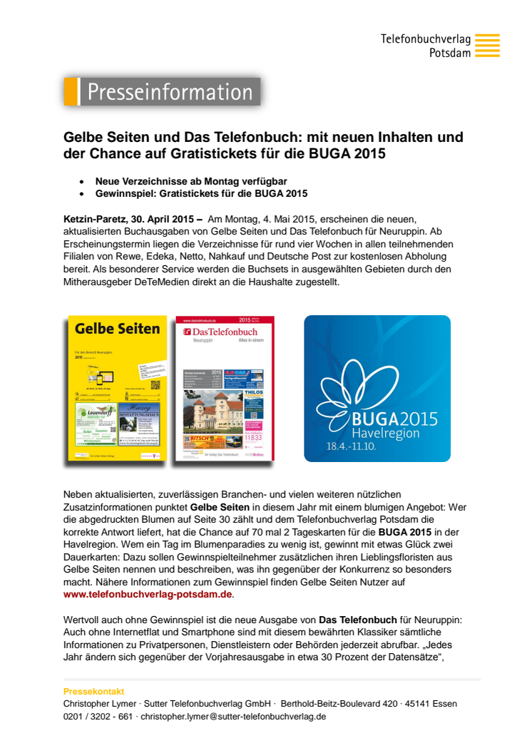 Gelbe Seiten und Das Telefonbuch: mit neuen Inhalten und der Chance auf Gratistickets für die BUGA 2015