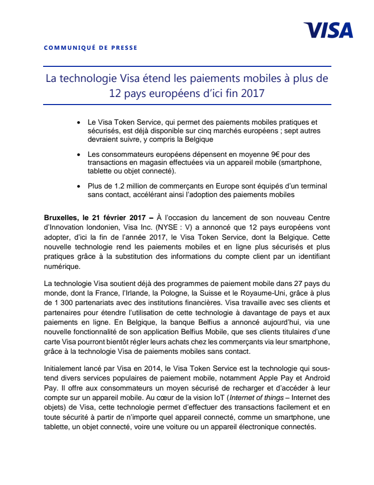 La technologie Visa étend les paiements mobiles à plus de 12 pays européens d’ici fin 2017