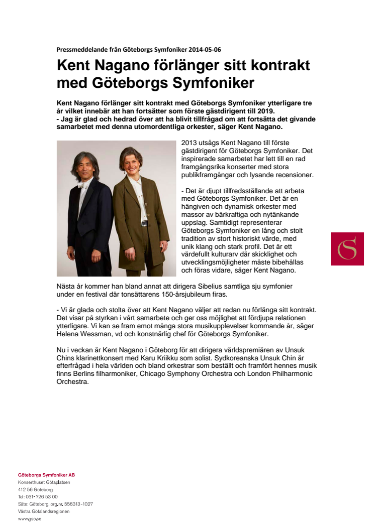 Kent Nagano förlänger sitt kontrakt med Göteborgs Symfoniker