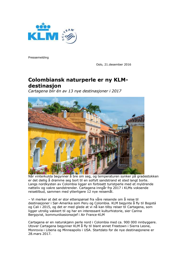 Colombiansk naturperle er ny KLM-destinasjon